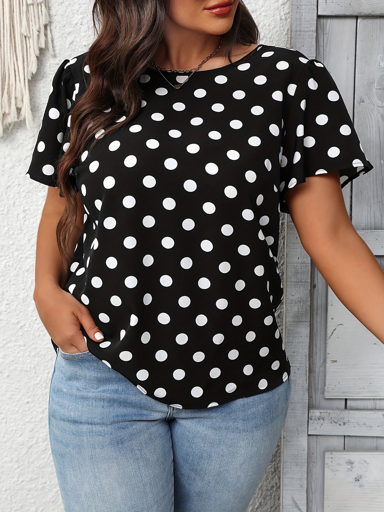 Plus Size Chic Bow Back Blouse with Color Block & Polka Dot Print - Elegant, Backless, Short Sleeve Crew Neck for Spring & Summer Fashion - Womens Plus Size Clothing