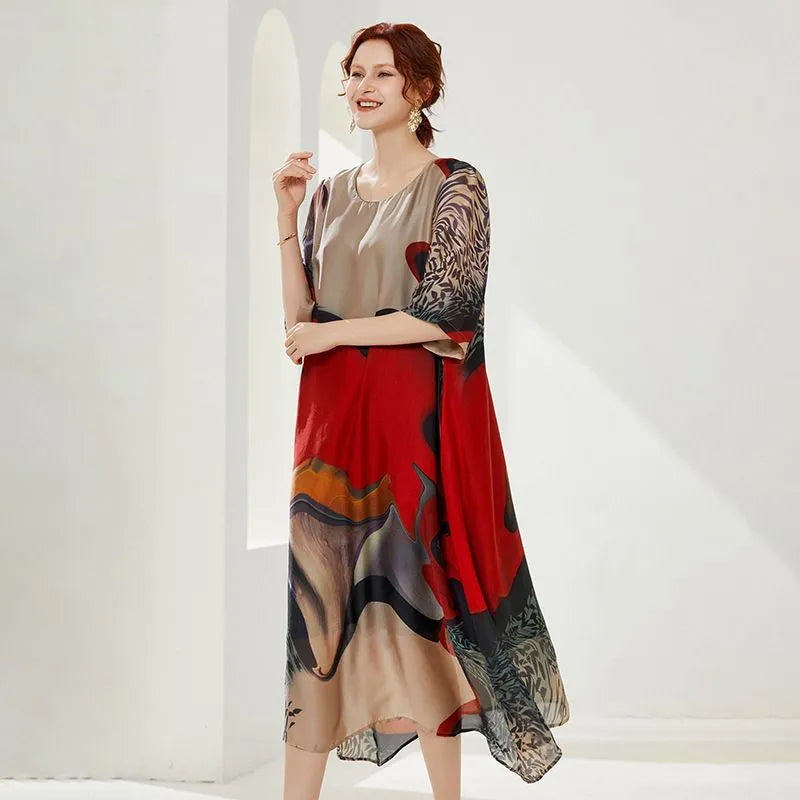 JRY New Summer Women Loose Chiffon Dress Round Collar Half Sleeve Casual Dress Lady Printing Casual Dress Blue Red