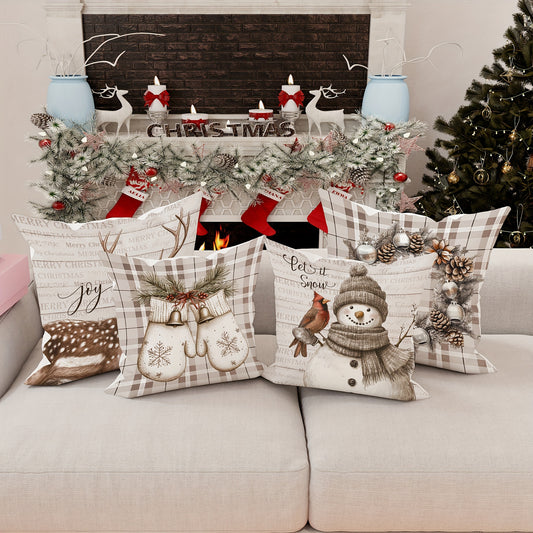 Set of 4 Christmas Velvet Throw Cushion Covers with Snowman, Deer, and Wreath Designs, Contemporary One-Sided Print Decorative Case for Farmhouse Sofa and Living Room Decor, Zipper Closure, Machine Washable - Without Inserts