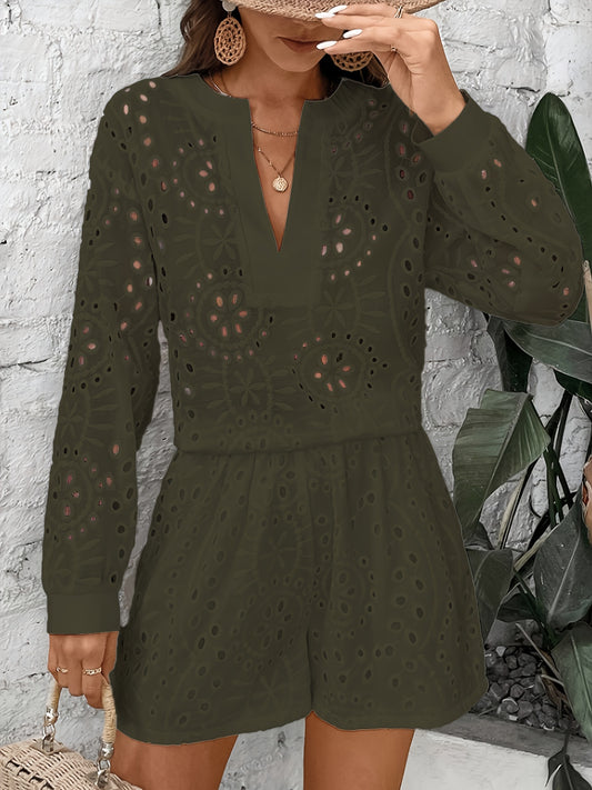 Women's Chic Eyelet Short Set - Long Sleeve Notched Neck Blouse & High-Waist Shorts, Perfect for Casual Gatherings & Stylish Outfits