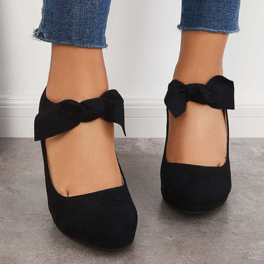 flowersverse - Thick Heel Mary Jane Pumps Bowknot Round Toe Ankle Strap Heels