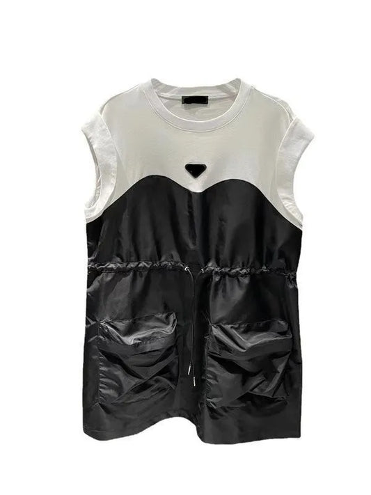 European fashion women o-neck short sleeve color block triangle logo appliqued designer loose palazzo pockets drawstring dress LXLXXL3XL