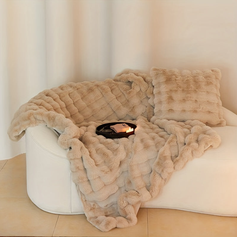 1pc Luxurious Faux Rabbit Fur Reversible Throw Blanket - Soft, Warm, Cozy, Versatile, and Lightweight for Office, Outdoor, Camping, Sofa, and Gift - Perfect for All Seasons and Occasions
