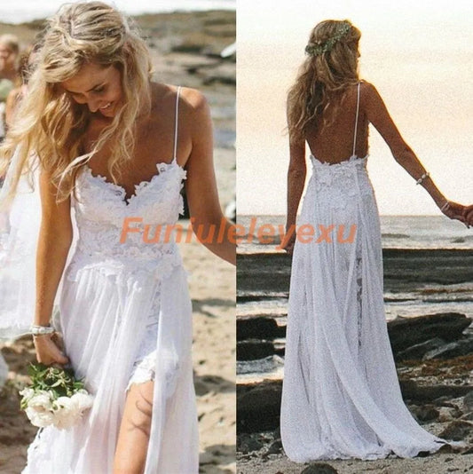 Sexy Backless Spaghetti new beach wedding dresses high low-income summer Chiffon wedding dresses ivory white
