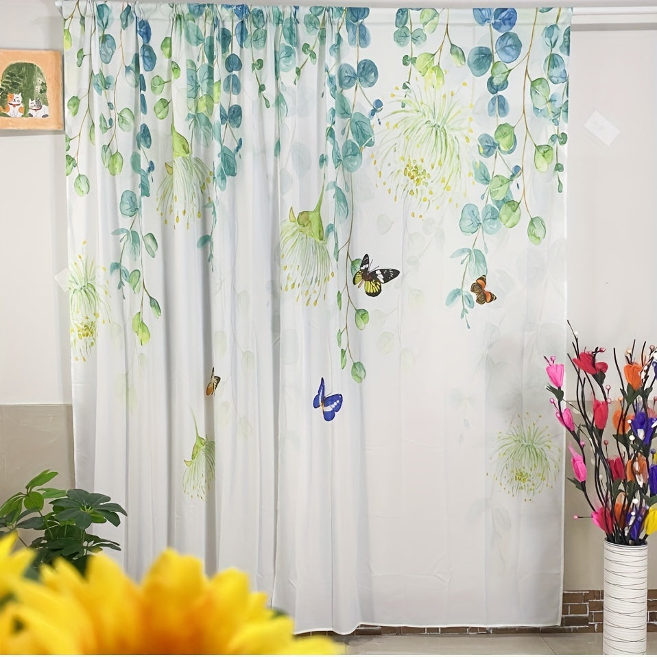 1pc Vibrant Floral Print Semi-Sheer Yarn Curtain - Rod Pocket Top, Washable, Fantasy Garden Style for Living Room, Bedroom, Office, and Kitchen - Easy to Hang and Maintain