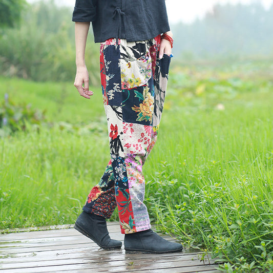 FLOWERSVERSE Cotton and Linen Women's Ethnic Print Stitching Trousers Cotton Lining Skinny Pants Loose Casual Pants Factory Price Wholesale