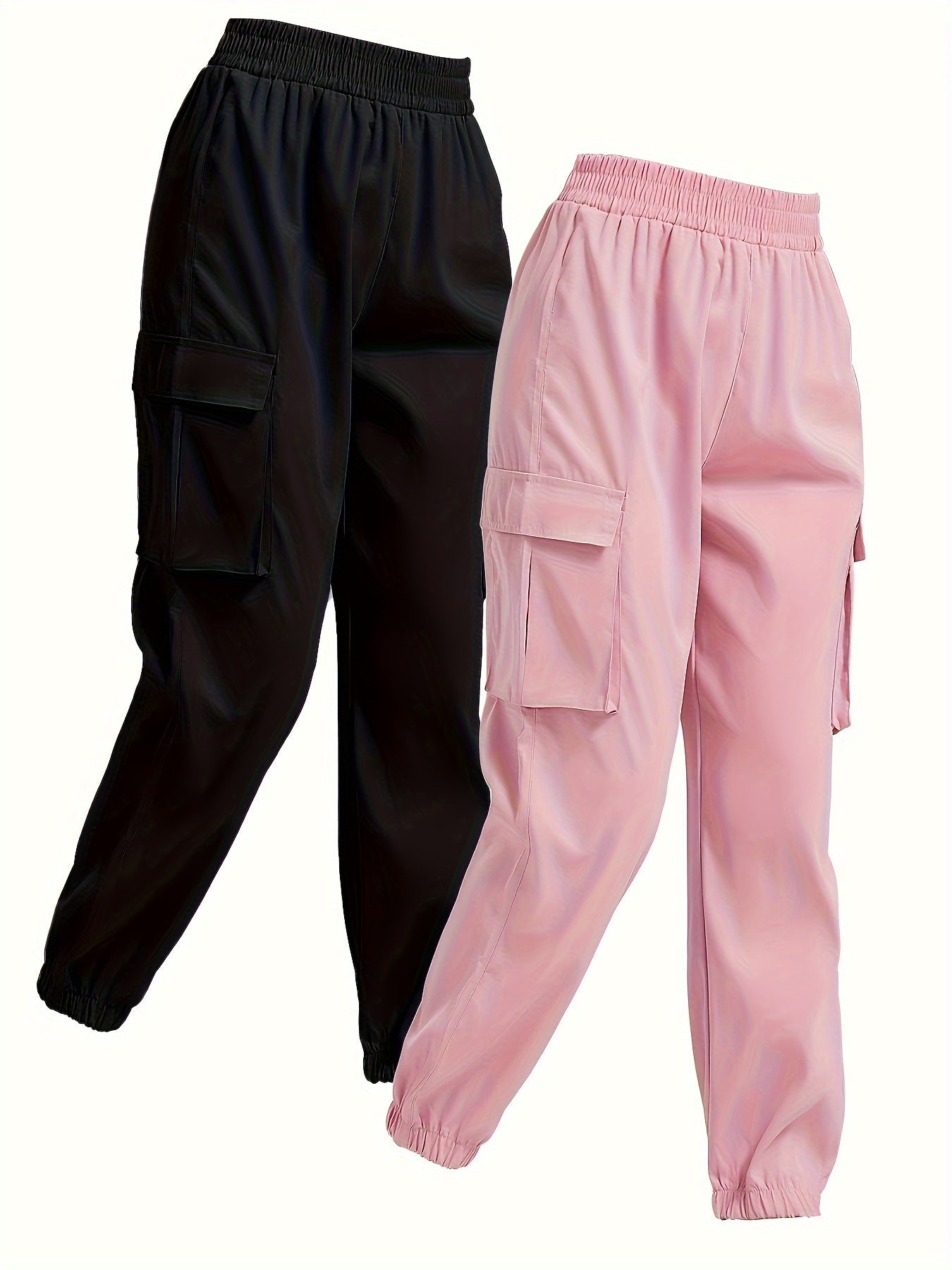 2 Pack Solid Jogger Cargo Pants - Women's Casual Pants with Flap Pockets and Elastic Waistband - Comfortable and Versatile Clothing for Everyday Wear