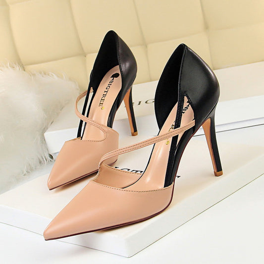 2025 830-2 Korean version fashionable sweet high heels women's high heels light mouth pointed head color matching hollow word with thin single shoes