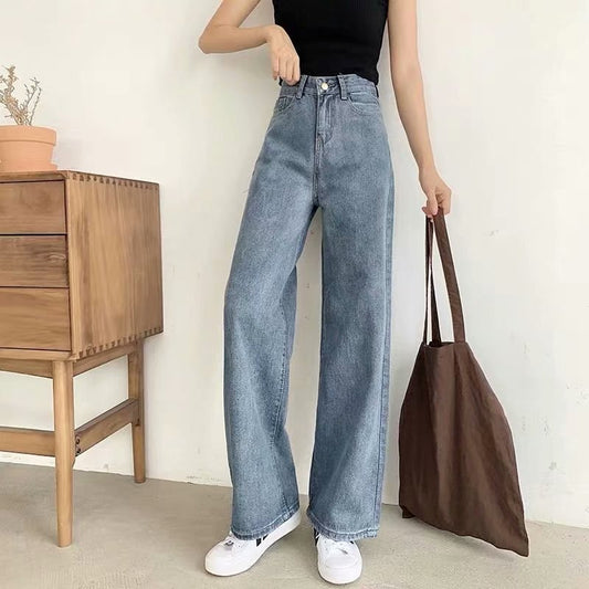 flowersverse Women's Wide-Leg Jeans Loose Autumn and Winter New Hong Kong Style Retro High Waist Drooping Chic Straight Mopping Pants
