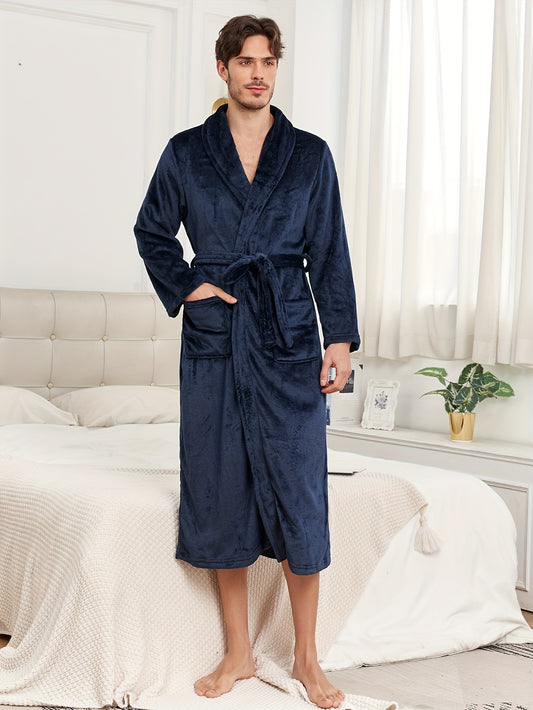 Bathrobe For Men Autumn And Winter Flannel Robe Warm Long Solid Color Lapel Double Pockets Fleece Nightwear