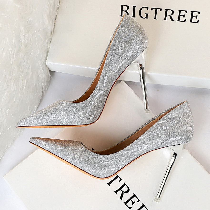 2025 1829-1 high heels women's shoes thin heels high heels light mouth pointed sequins sexy and thin nightclub single shoes wedding shoes