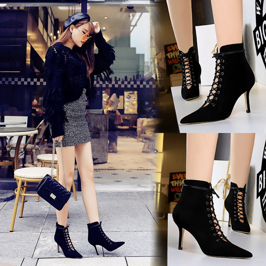 FLOWERSVERSE 2025 83189-2 fashion and sexy nightclubs show thin high-heeled suede pointed lace-up cross-strap hollow short boots
