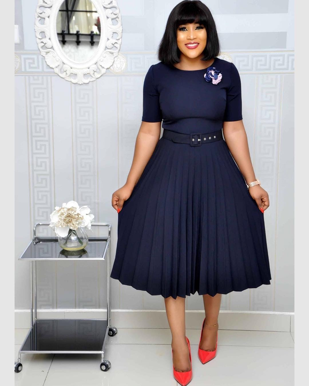 FLOWERSVERSE Cross-border new European, American round neck medium and long pleated skirt large size African cross-border belt dress