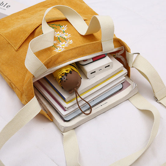 FLOWERSVERSE Little Daisy Corduroy Women's One-Shoulder Canvas Bag Artistic Student Make-up Bag Casual College Style Messenger Shopping Bag