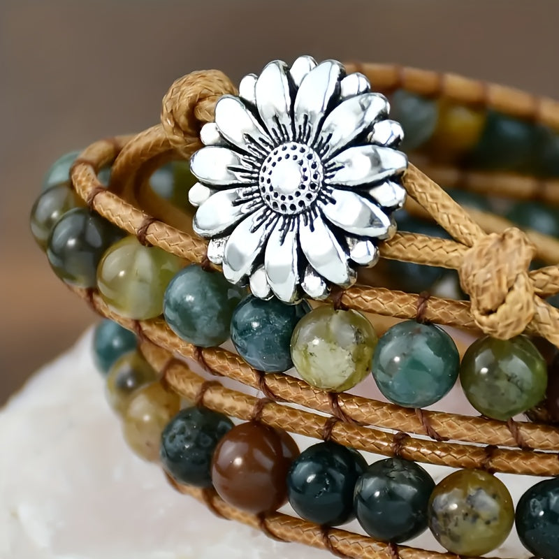 5 Layers Bohemian Healing Stone Wrap Adjustable Leather Beaded Tree Charm Bracelet - Natural, Prolonged Leather, Adjustable, Tree of Life Charm, Beaded Jewelry - Perfect for Boho Chic Style Lovers