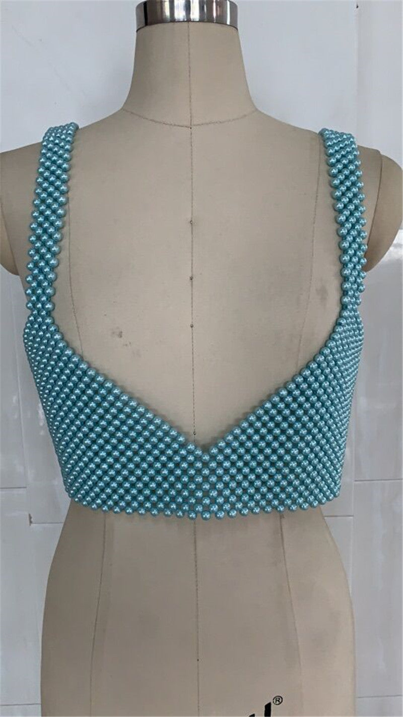 Popular, 2025 ins New nightclub Popular trade pearl V-neck open-button backless vest, sexy hot-selling beaded bra 0148