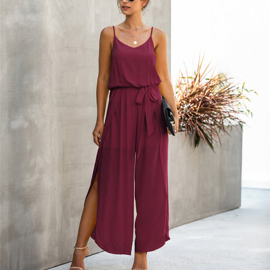 FLOWERSVERSE New Summer Fashion V-neck Strap Wide Leg Side Slit Women's Jumpsuit 600237