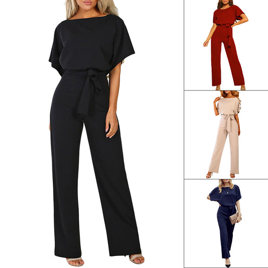 flowersverse HOTan and NEWn Women's Clothing High Waist Wide Leg Pants for Women Summer New Solid Color Pullover round Neck Short Sleeve Lace-up Jumpsuit for Women