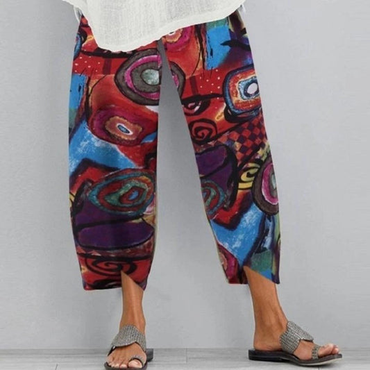 FLOWERSVERSE Foreign Trade Cross-Border Women's Clothing Fashion Loose Casual Irregular Rendering Printing Elastic Waist Dungarees 8844