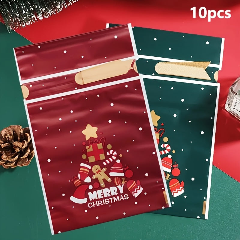 10-Pack Festive Christmas Gift Bags with Drawstring - Plastic Treat Bags for Cookies, Candy, and Snacks - Holiday Party Favor Packaging