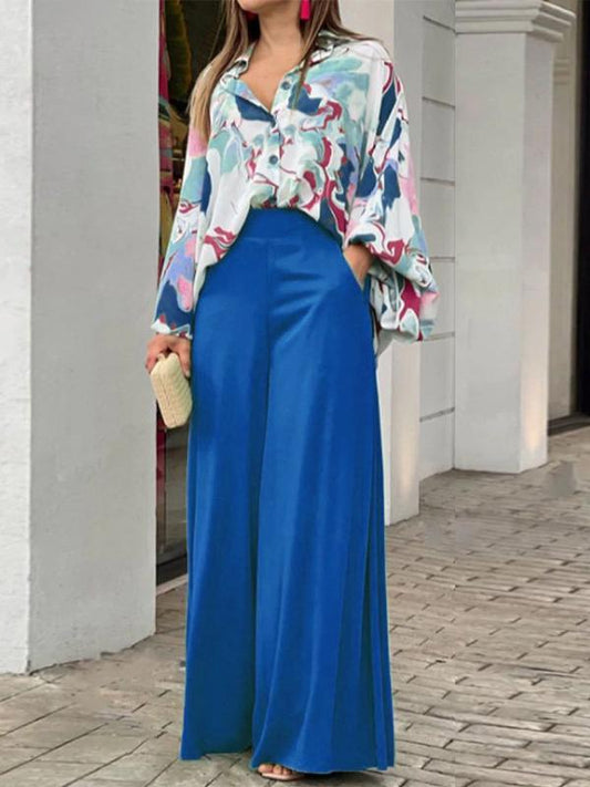 Floral Print Shirt & Wide Leg Pants Set