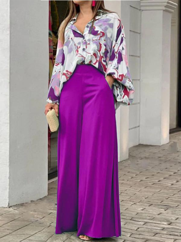 Floral Print Shirt & Wide Leg Pants Set