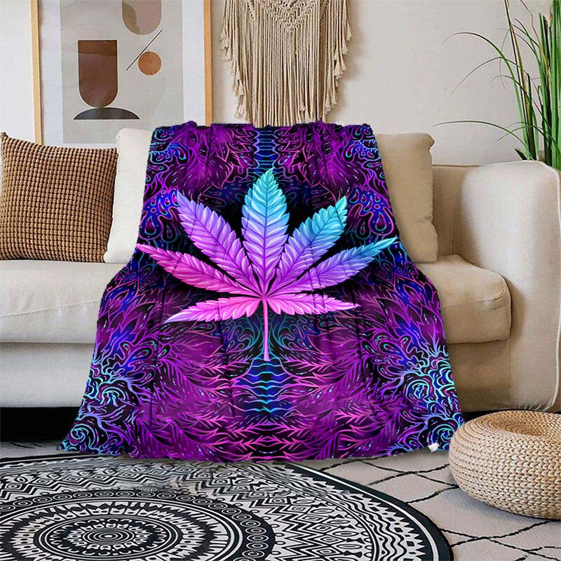 1pc Vibrant Purple Psychedelic Maple Leaves Blanket - Ultra-Soft, Lightweight, Warm Flannel Throw for Sofa, Bed, Travel, Camping, Living Room, Office, Couch, Chair - Digital Printing Fleece with Plush Fabric, Cozy, Breathable, Easy Care, Perfect for Indoo