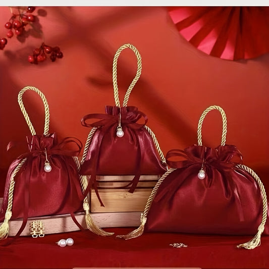 10pcs Red Festive Jewelry Gift Bags - Christmas & New Year Design - Durable, Multipurpose for Weddings, Candies, Parties, Birthdays, Craft Totes & Party Favors