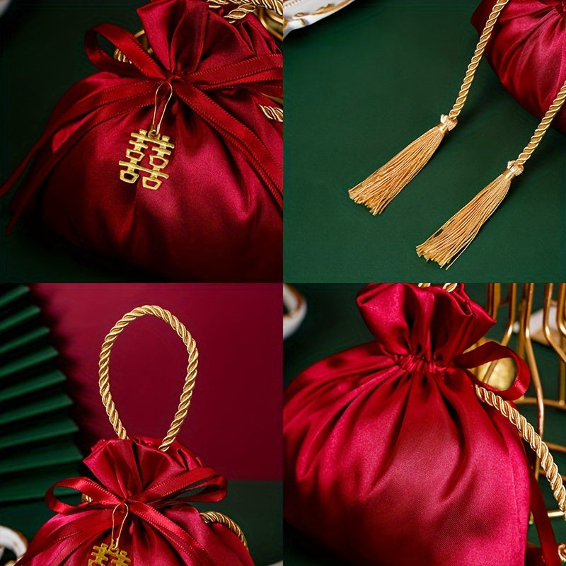 10pcs Red Festive Jewelry Gift Bags - Christmas & New Year Design - Durable, Multipurpose for Weddings, Candies, Parties, Birthdays, Craft Totes & Party Favors