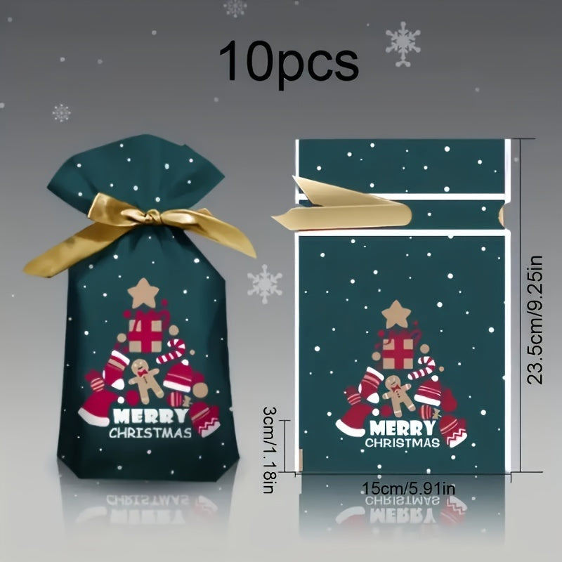 10-Pack Festive Christmas Gift Bags with Drawstring - Plastic Treat Bags for Cookies, Candy, and Snacks - Holiday Party Favor Packaging