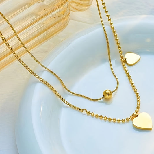 18K Gold Plated Double-Layered Stainless Steel Boho Mosaic Shell Pendant Necklace - Fashionable French Korean Retro Style Jewelry for Ladies - Perfect Gift for Daily Commuting, Holiday Party, and Leisure Activities