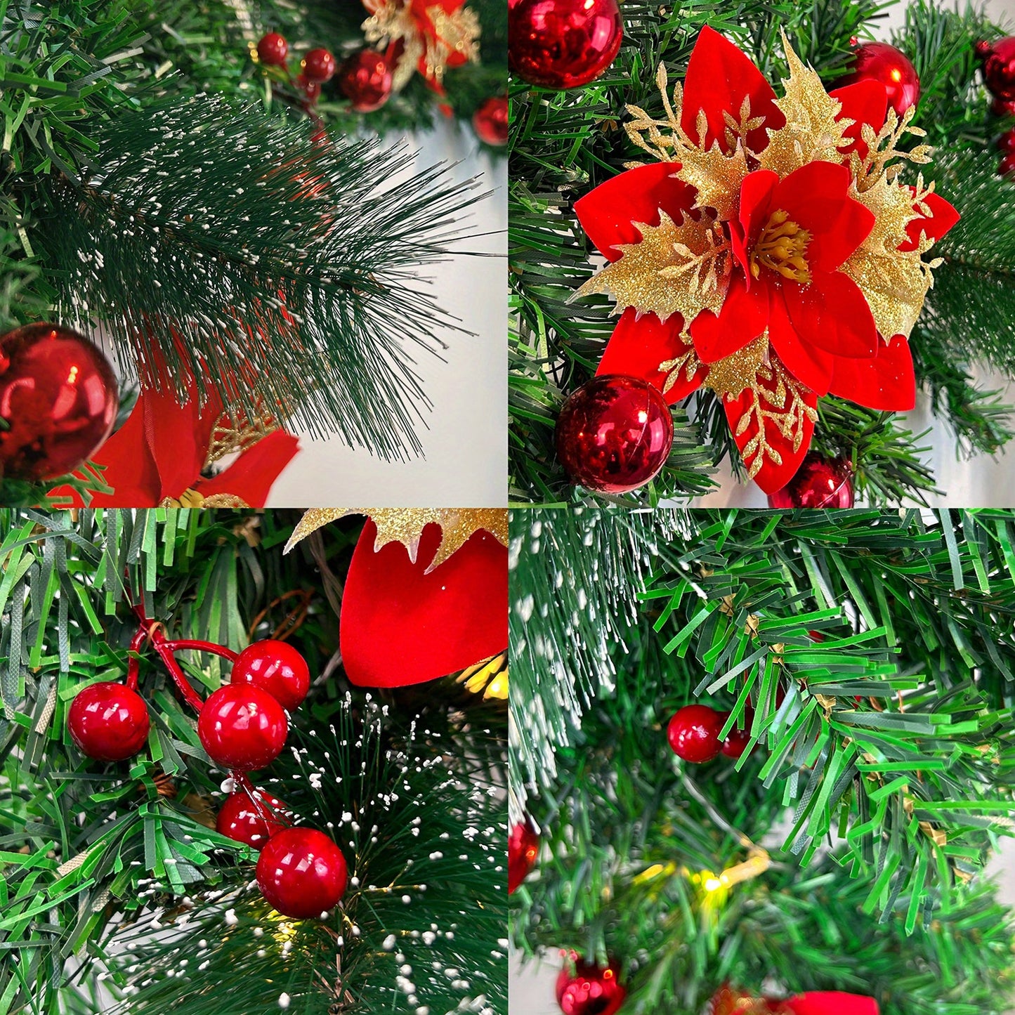 9ft LED-Lit Artificial Christmas Garland with Red Flowers - Battery Operated, Perfect for Home Decor, Stairs, Fireplace, and Front Porch Display, Christmas Decor