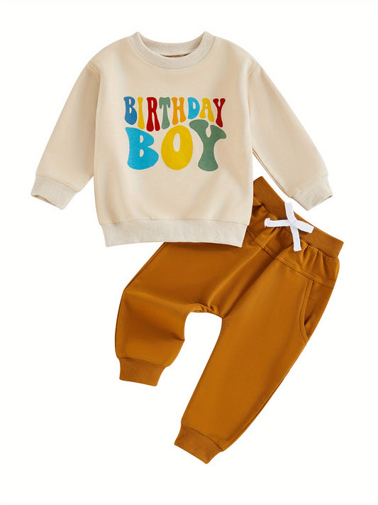 0-4Y Toddler Kids Boys Birthday Clothes Sets Long Sleeve Crew Neck Letters Print Sweatshirt with Solid Pants