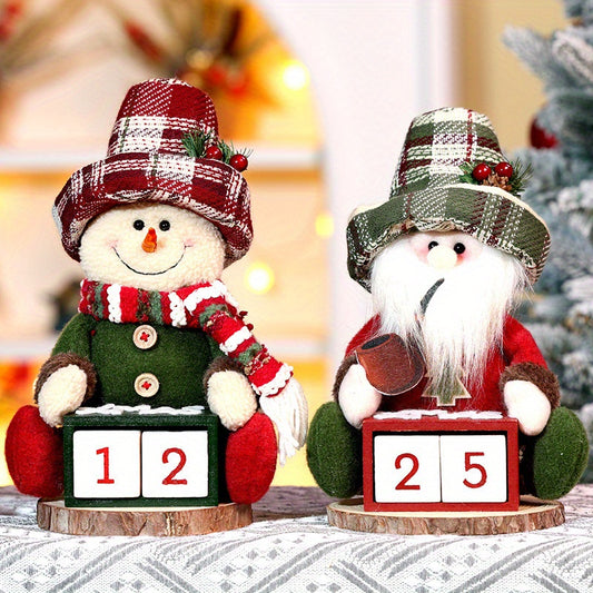 Vintage Plaid Christmas Dolls - Santa & Snowman Figurines, Polyester Holiday Decor for Home and Window Display