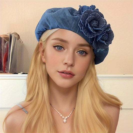 Chic Denim Beret With 3D Floral Accent - Trendy Color Block, Foldable Painter Cap For Women