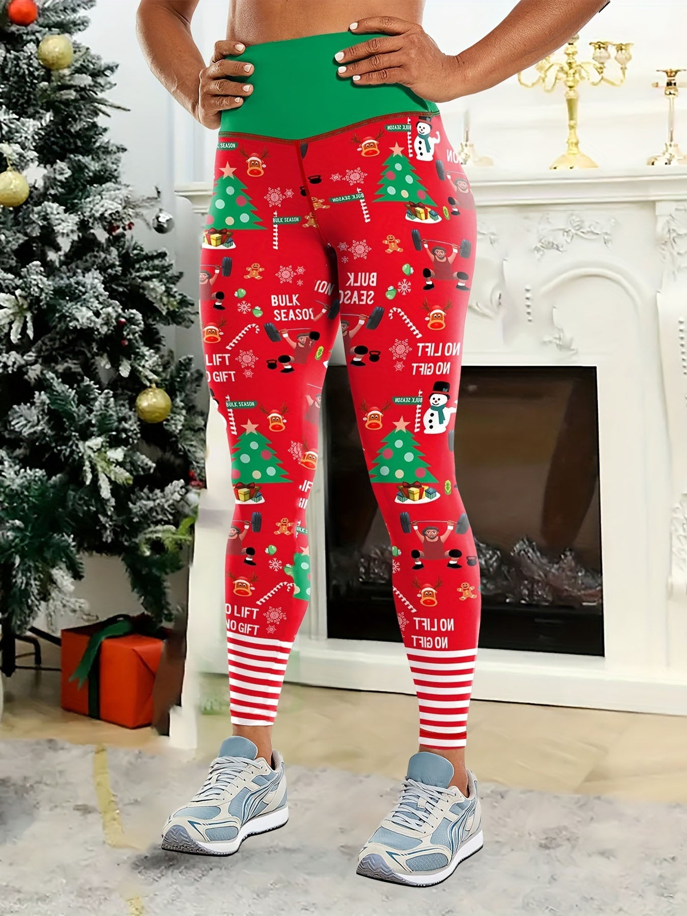 High Waist Festive Christmas Yoga Leggings for Adults - Polyester Elastane Blend, Knitted Stretch Fabric, Skinny Fit, Mature Style, Holiday Pattern - 1 Piece Pack