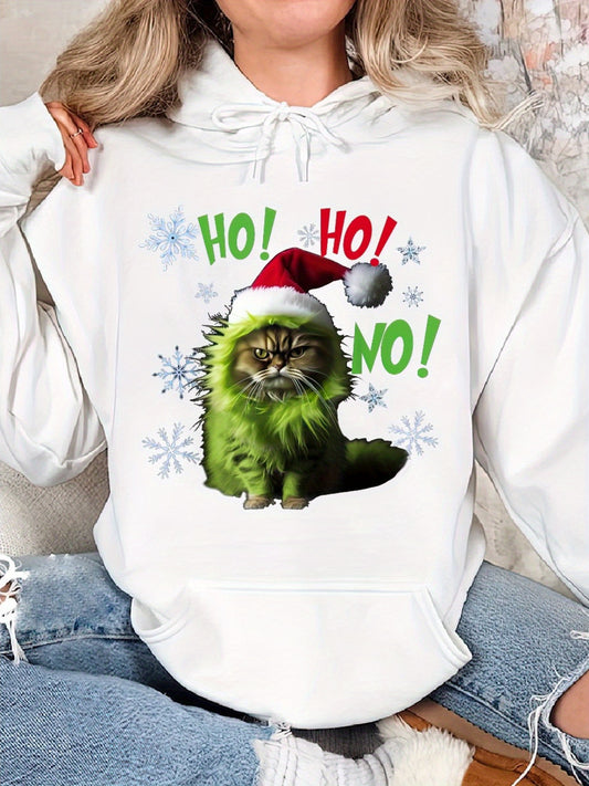 Ho Ho No - Funny Bad Cat Christmas, Gich Woman's Cozy Classic Print Pullover Hoodie, Casual Long Sleeve Crew Neck Hoodie