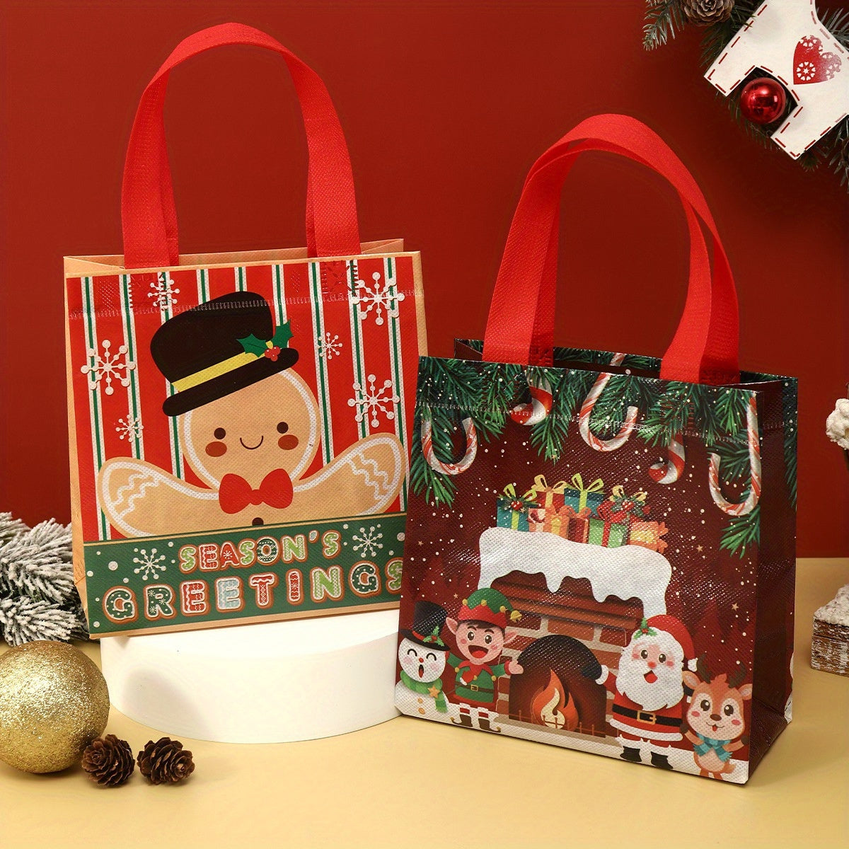 4pcs Christmas Reusable Tote Bags - Non-Woven Polyester Blend Holiday Gift Bags with Handles - Waterproof Goodie Bags with Retro Seasonal Designs for General Use and Festive Occasions