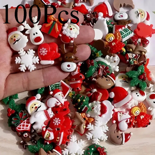 100pcs Vibrant Christmas Decoration DIY Flatback Resin Jingle Bell Sock Craft Embellishment Sets Christmas Resin Ornaments Assortment - Miniature Santa, Snowman, Tree, Bell Decorations for Craft Making, Ornament Scrapbooking, DIY Projects - Perfect for Ho