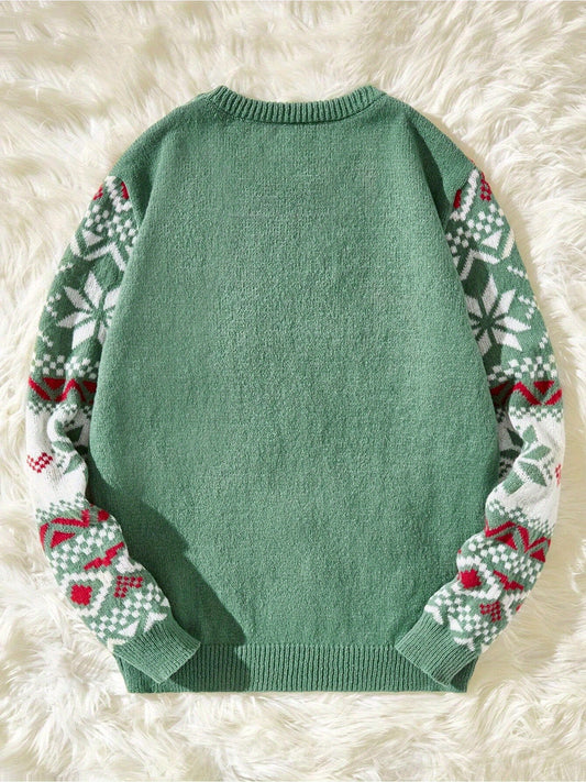 1pc JWDX220 Women's Casual Christmas Sweater - Viscose Knit Long Sleeve Pullover with Snowflake Pattern, Round Neck, Color Block Detail for Autumn/Winter Season