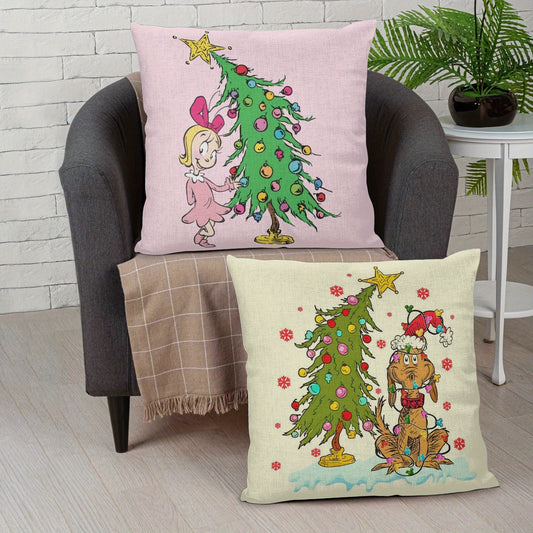 Set of 2 Contemporary Christmas Throw Pillow Covers 18x18 Inch - Hand Washable Polyester Cushion Cases with Zipper for Home Decor, Featuring Geometric Patterns with Little Girl and Dog by Christmas Tree Design, Ideal for Various Room Types