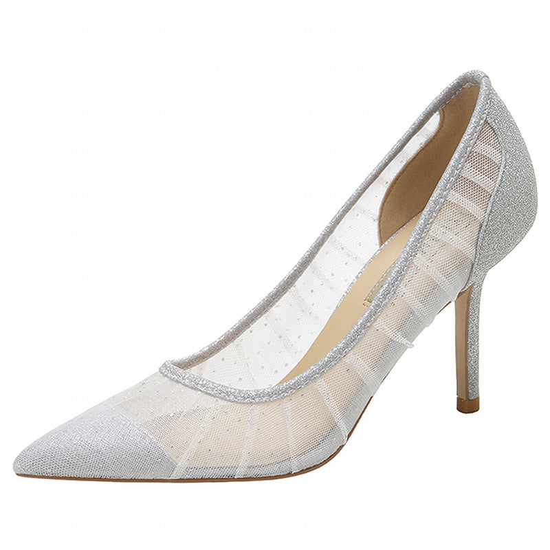 flowersverse Lace Pointed Toe Mesh Stiletto Heel Pumps Women's 2022 Autumn New Fairy Style Sexy High Heels Shallow Mouth Wedding Shoes
