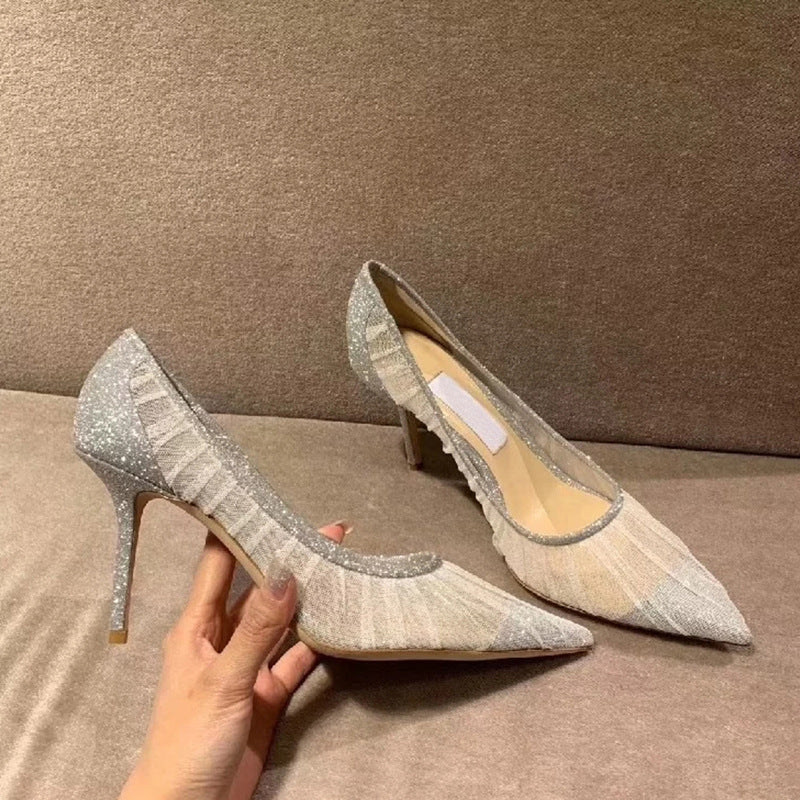 flowersverse Lace Pointed Toe Mesh Stiletto Heel Pumps Women's 2022 Autumn New Fairy Style Sexy High Heels Shallow Mouth Wedding Shoes