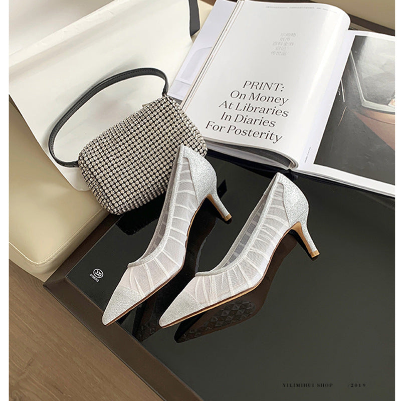 flowersverse Lace Pointed Toe Mesh Stiletto Heel Pumps Women's 2022 Autumn New Fairy Style Sexy High Heels Shallow Mouth Wedding Shoes