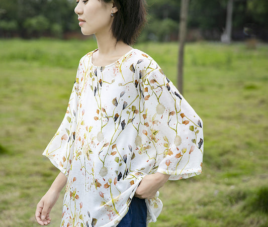 a new design, pastoral style, small fresh pattern silk T-shirt, mulberry silk printed top