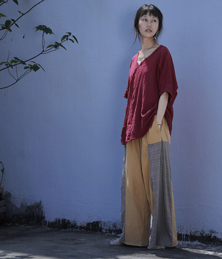 design sense cotton and linen loose casual pants versatile pastoral homestay style patchwork wide-leg straight-leg pants