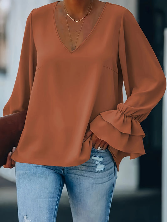 Flirty Ruffle Sleeve Plus Size Blouse - Chic V-Neck, Solid Color for Spring & Summer - Stylish Womens Plus Size Clothing