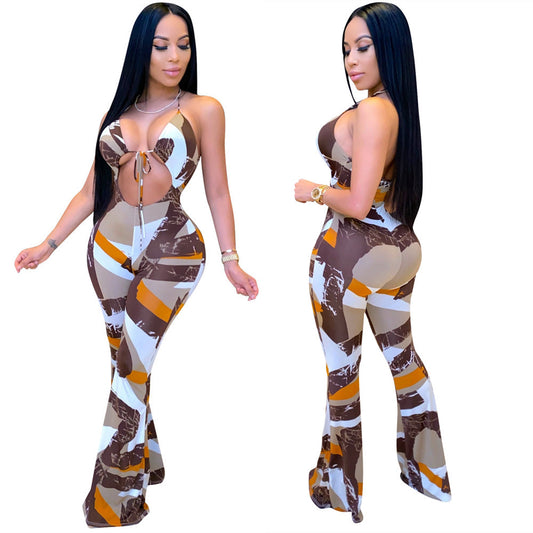 flowersverse Ls6359 HOTan and NEWn Style Sexy Women's Wear Summer New Fashion Printed Sexy Slim-Fit Halter Strap Jumpsuit