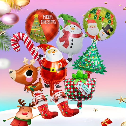 10-Piece 18" Aluminum Foil Christmas Balloon Set with Santa, Reindeer, Christmas Tree, Snowman & Stocking Designs, Curling Ribbon, and Festive Party Supplies for Ages 14 & Up, No Electricity Required