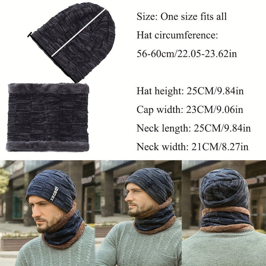 1 Set Solid Color Breathable Warm Hats With Neck Scarf, Winter Thickened Knitted Brimless Hats With Ear Protection Design